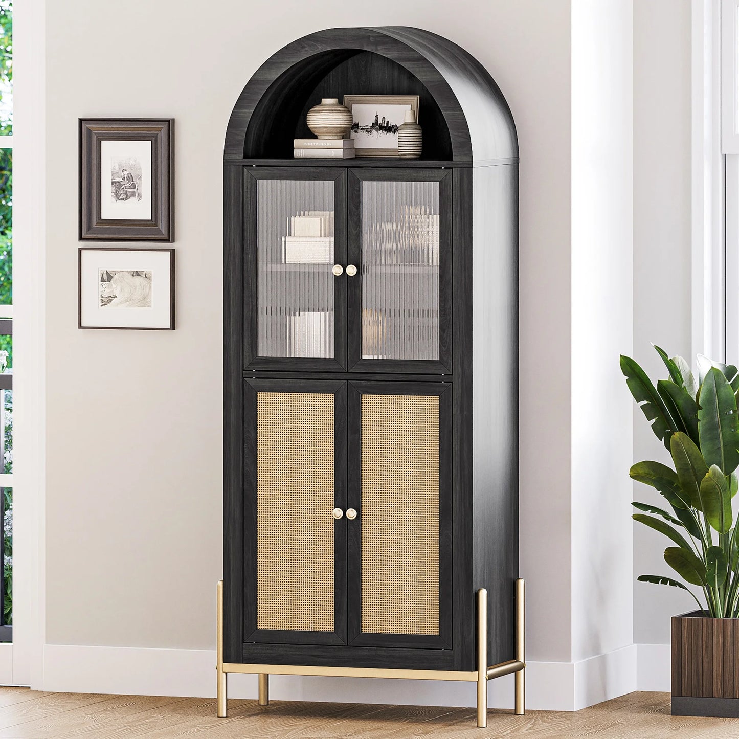 Rattan Black Arched Storage Display Cabinet