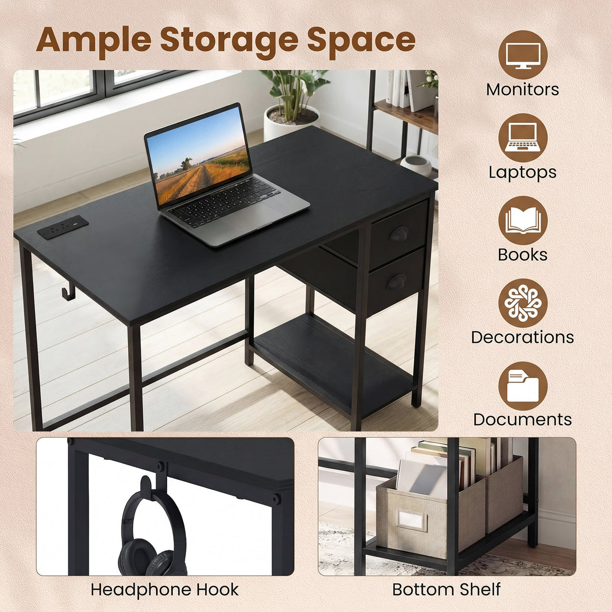 Fenna 38" Home Office Desk with Charging Station