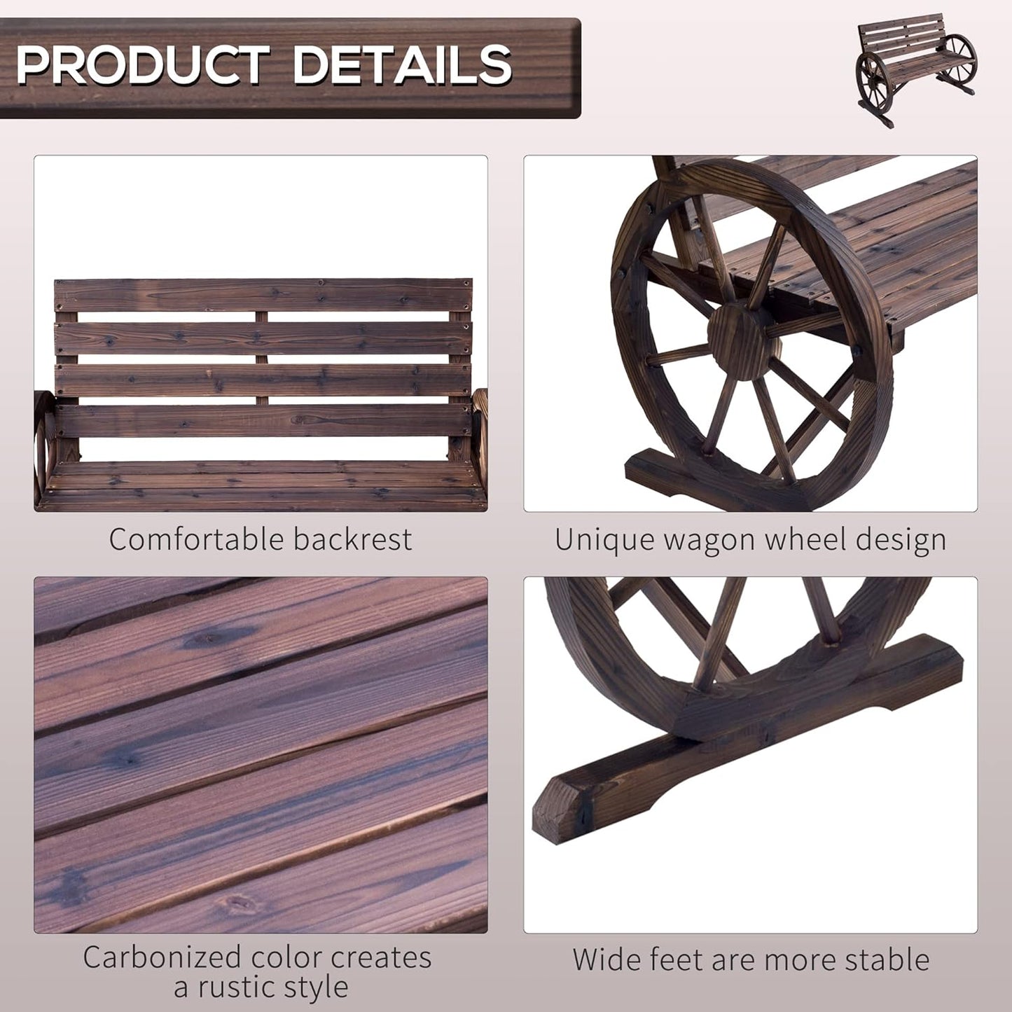 Comfortable slatted seat and backrest of the Outsunny Wooden Wagon Wheel Bench, designed for durability and comfort in outdoor settings.