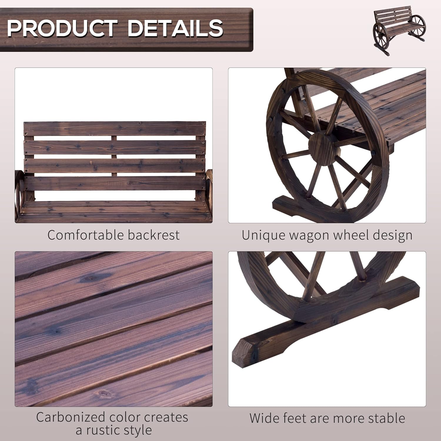 Comfortable slatted seat and backrest of the Outsunny Wooden Wagon Wheel Bench, designed for durability and comfort in outdoor settings.