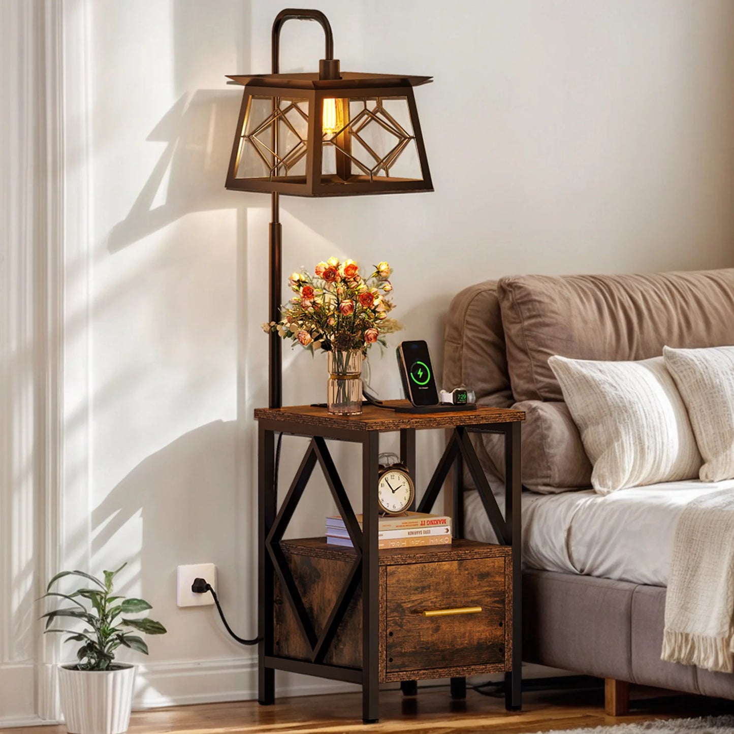 Farmhouse Living Room Floor Lamp With Side Table