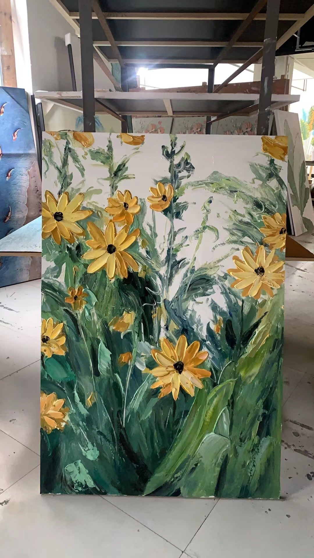 Yellow Flowers & Leaves Oil Painting