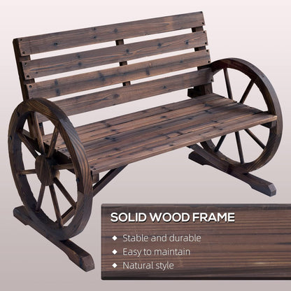 Side view of the Outsunny 41" Wooden Wagon Wheel Bench, highlighting its sturdy fir wood construction and rustic wagon wheel design.