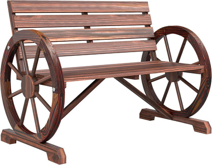 Outsunny 41" Wooden Wagon Wheel Bench placed in a garden, offering a charming and rustic seating option for outdoor spaces.