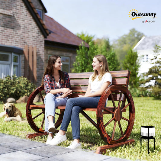 Outsunny 41" Wooden Wagon Wheel Bench with rustic design, featuring a slatted seat and backrest, perfect for outdoor patios or gardens.