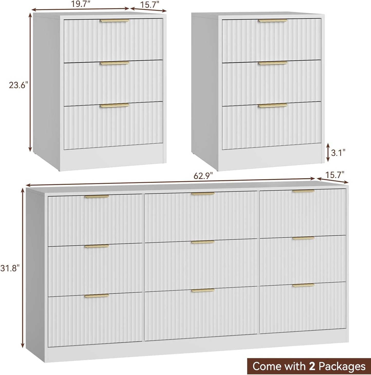 9 Drawer Fluted Dresser & Nightstand Set 3-Piece - Canva Home
