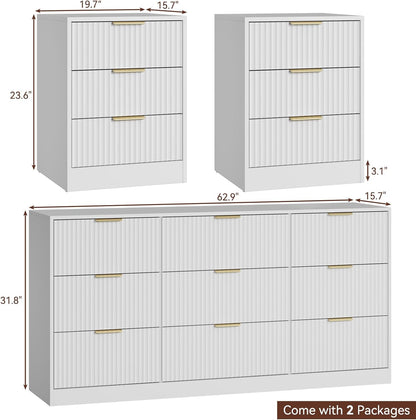9 Drawer Fluted Dresser & Nightstand Set 3-Piece - Canva Home