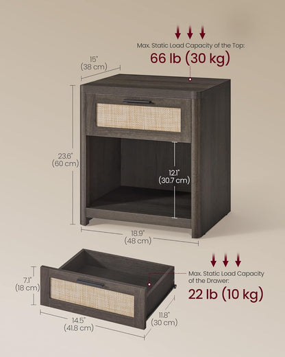 Black Boho Nightstands with Rattan-Look Drawer