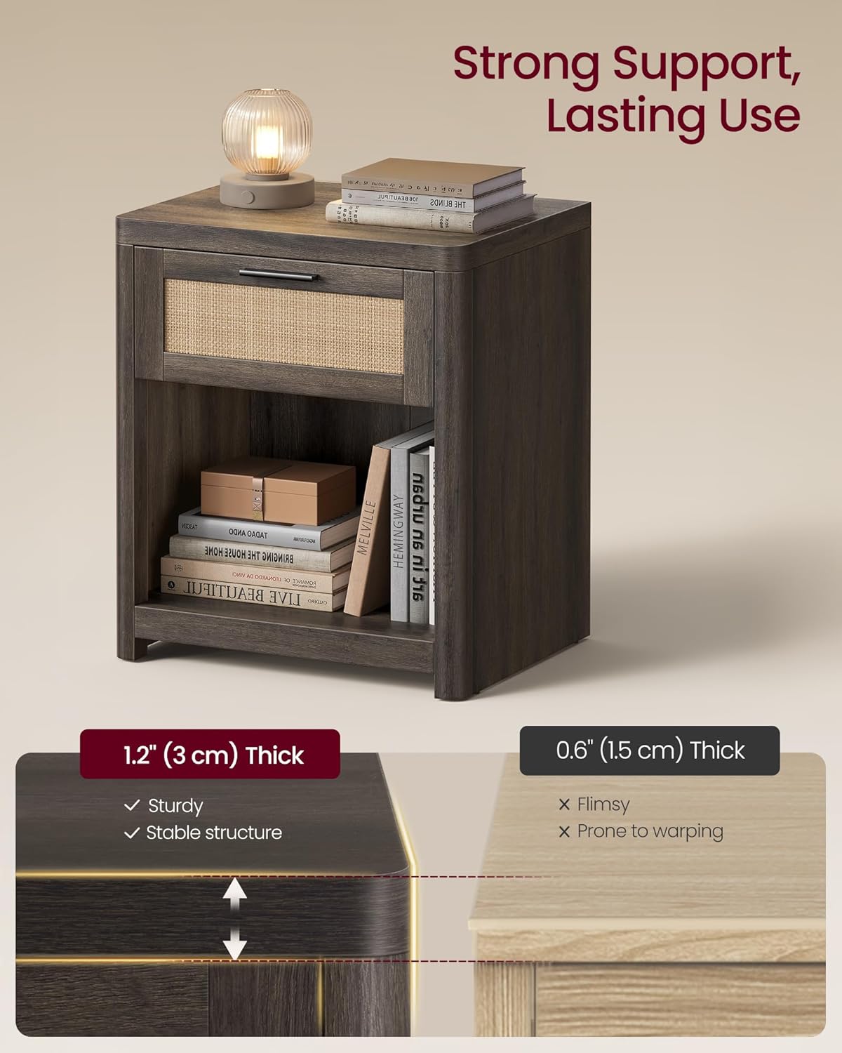 Black Boho Nightstands with Rattan-Look Drawer