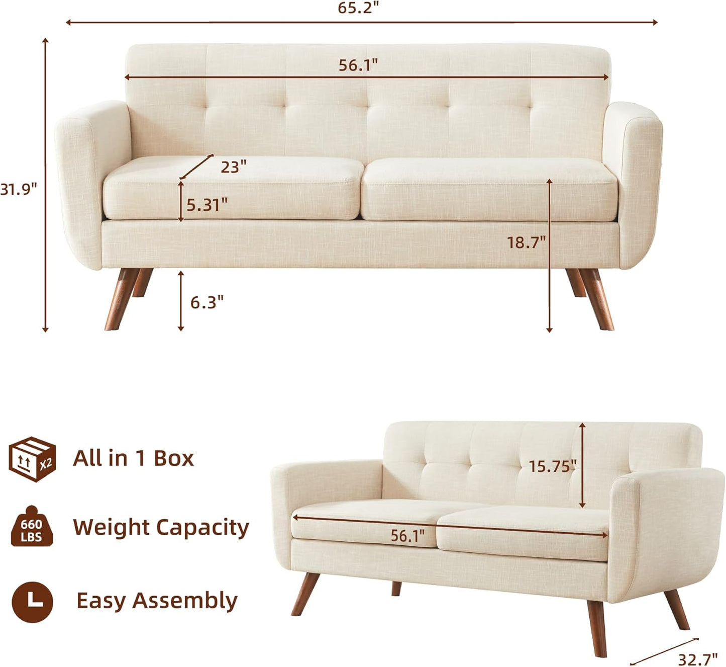 65" W Loveseat Sofa - Canva Home