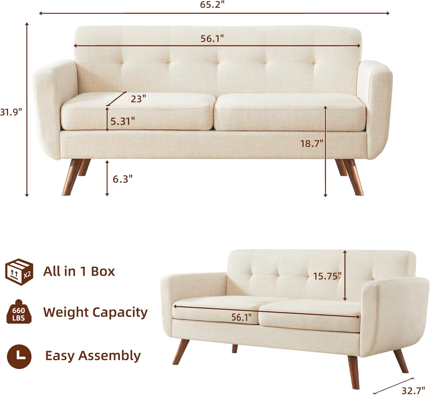 65" W Loveseat Sofa - Canva Home