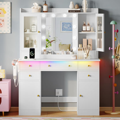 White Makeup Vanity Desk with Mirror and Lights - Canva Home