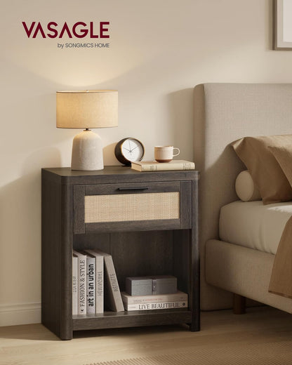 Black Boho Nightstands with Rattan-Look Drawer
