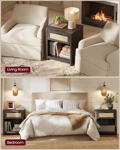Black Boho Nightstands with Rattan-Look Drawer