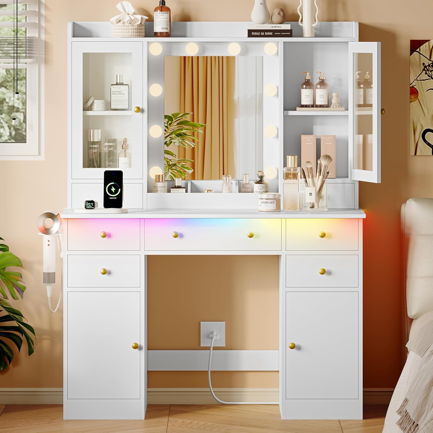 White Makeup Vanity Desk with Mirror and Lights - Canva Home