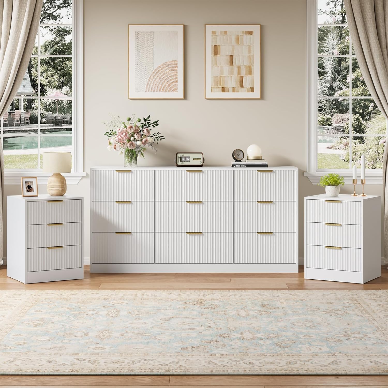 9 Drawer Fluted Dresser & Nightstand Set 3-Piece - Canva Home