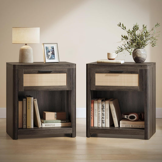 Black Boho Nightstands with Rattan-Look Drawer - Canva Home