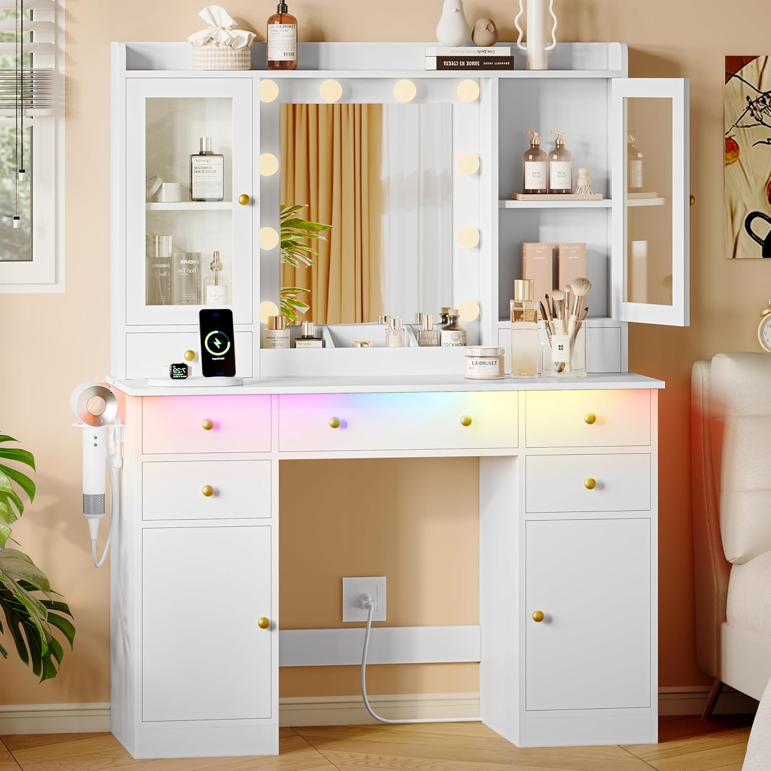 White Makeup Vanity Desk with Mirror and Lights - Canva Home
