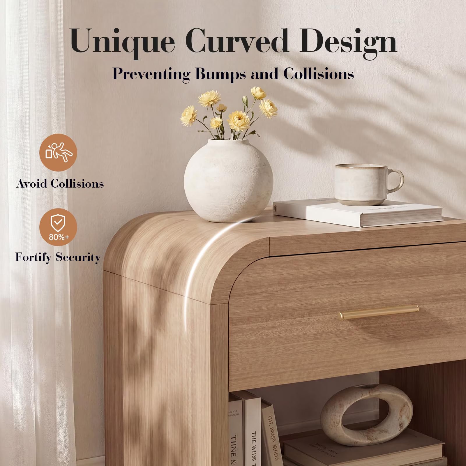 Vintagearth Nightstand 24" Tall Modern Curved Bedside Table - Canva Home