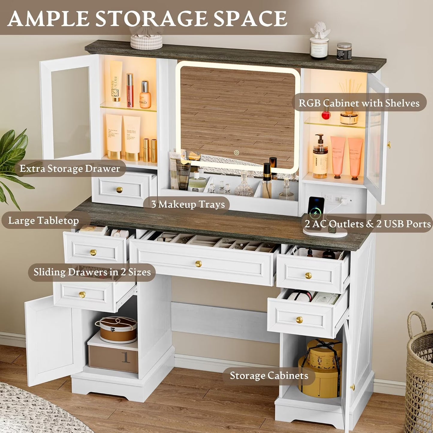 43" White Farmhouse Vanity Table Set - Canva Home