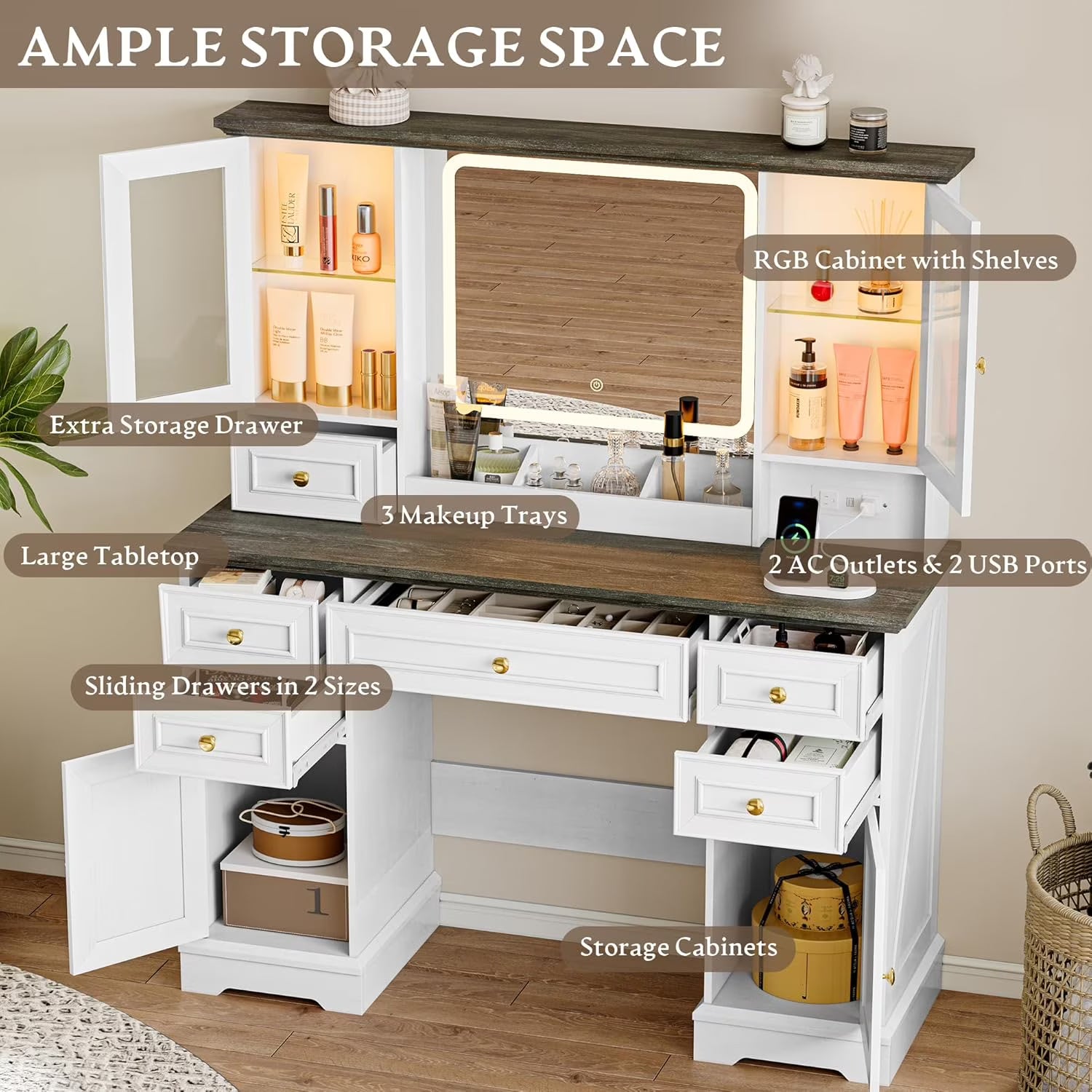 43" White Farmhouse Vanity Table Set - Canva Home