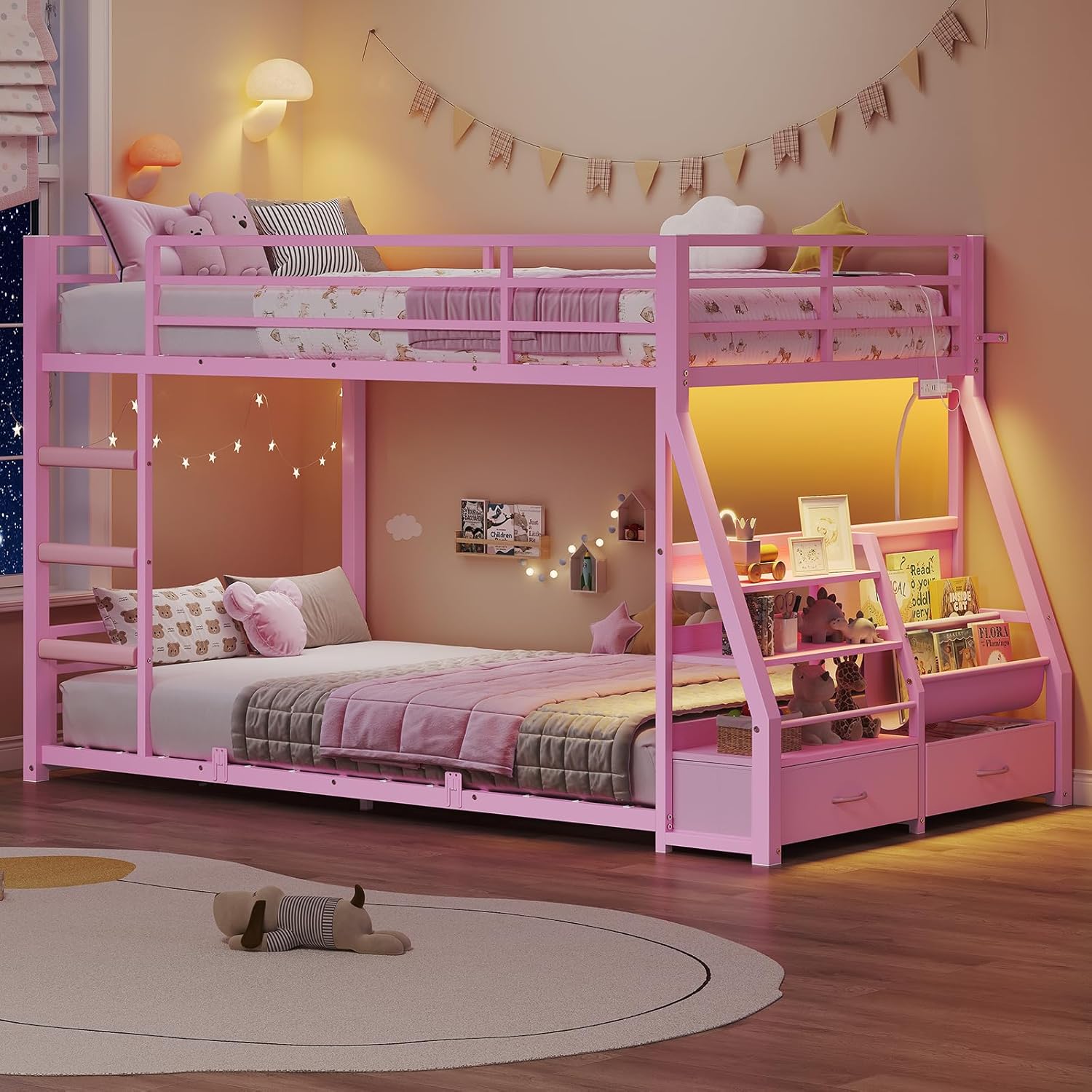 Low Bunk Bed Twin Over Twin with Montessori Bookshelf - Canva Home