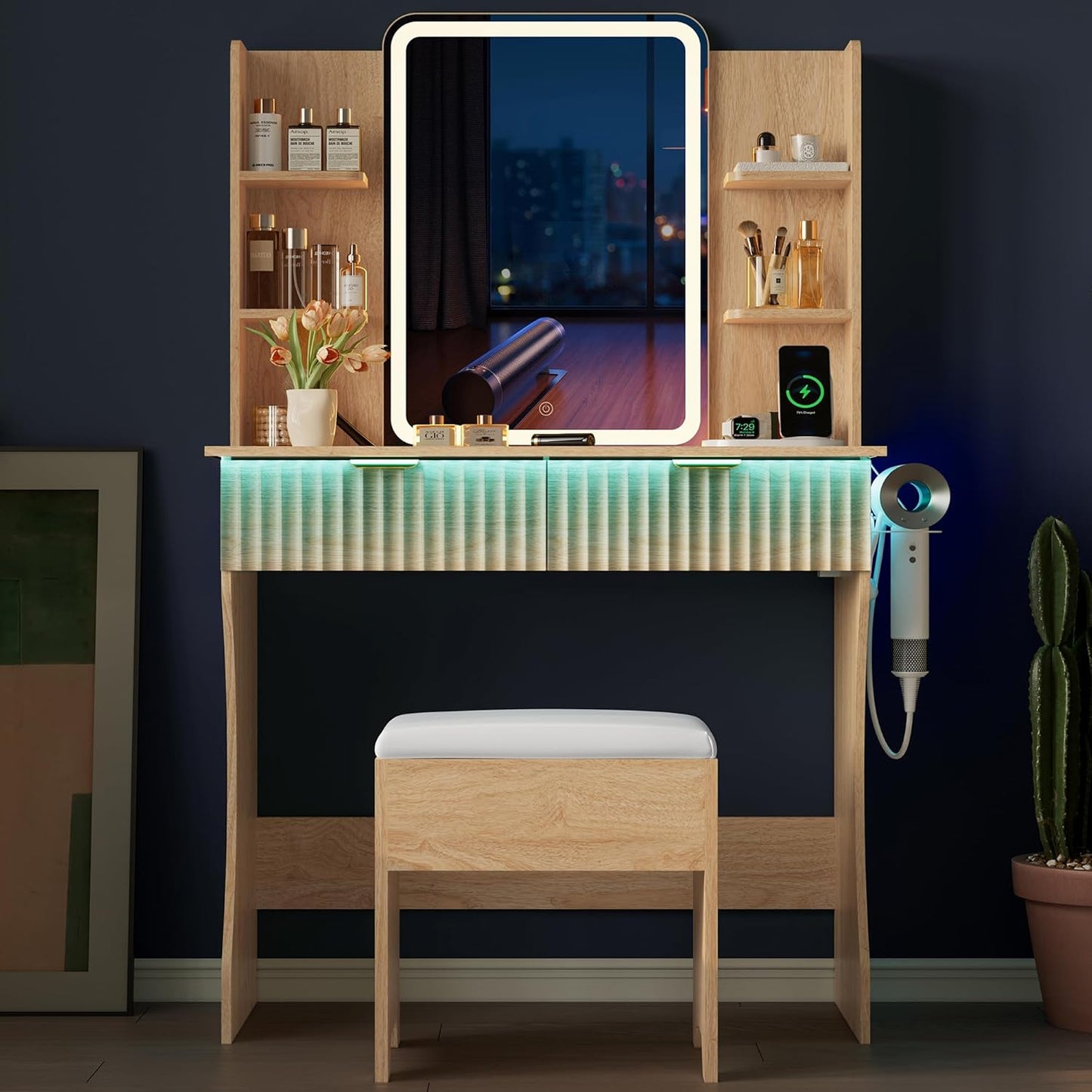 Vanity Desk with LED Lights Mirror - Canva Home