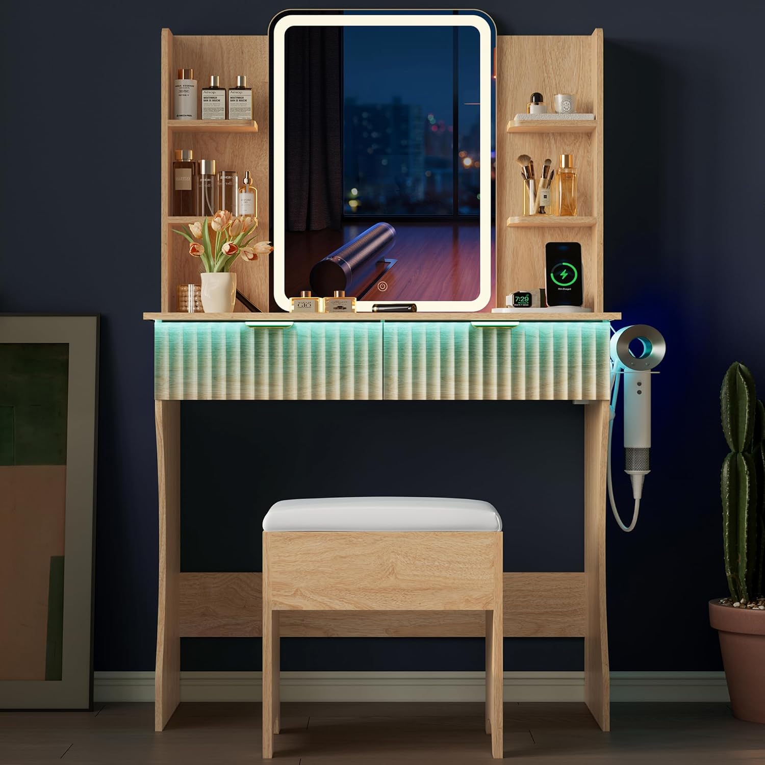 Vanity Desk with LED Lights Mirror - Canva Home