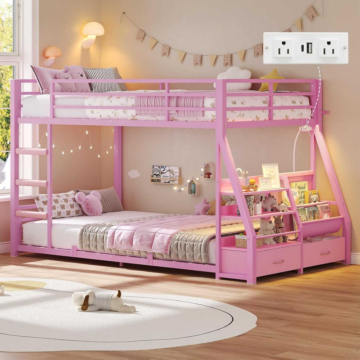 Low Bunk Bed Twin Over Twin with Montessori Bookshelf - Canva Home