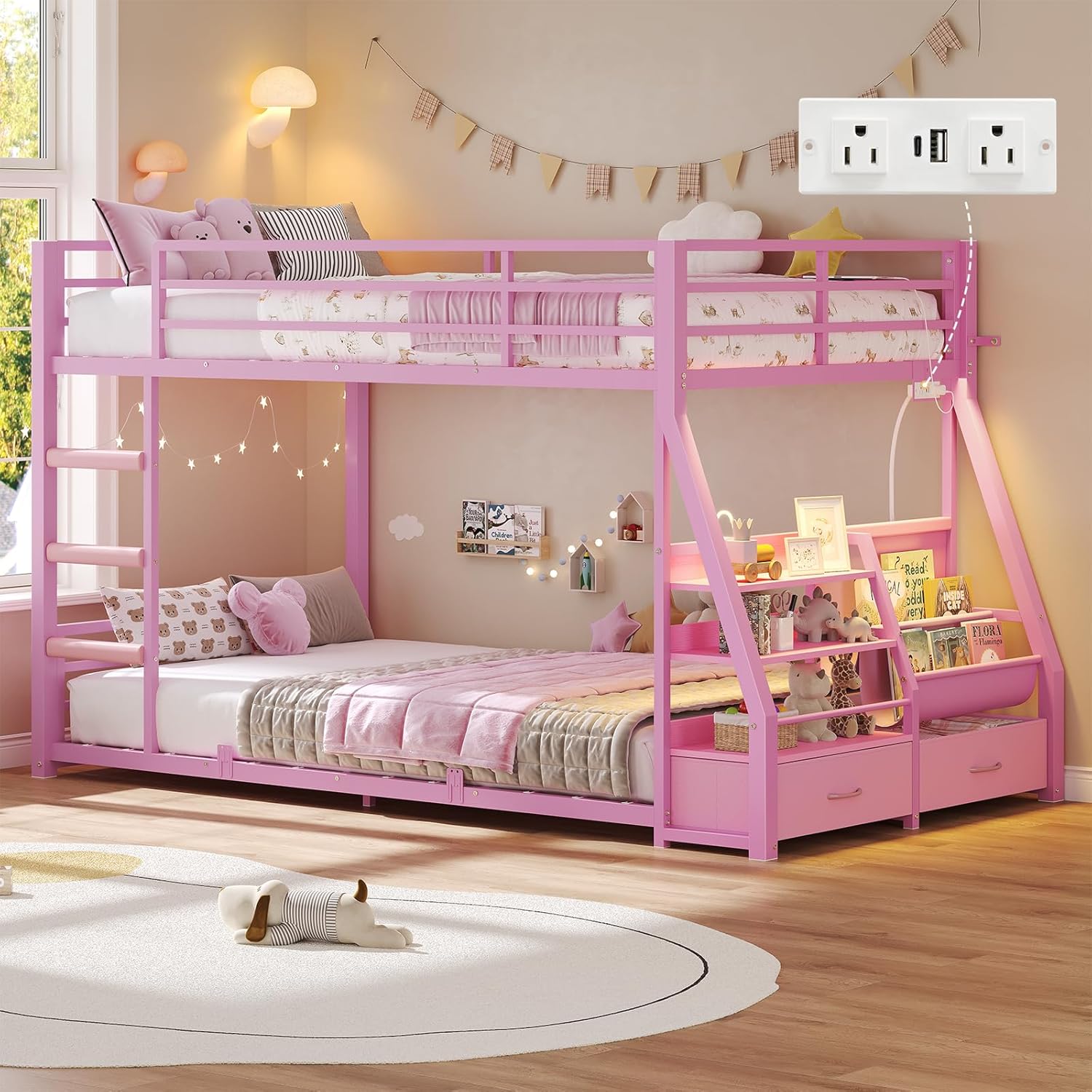 Low Bunk Bed Twin Over Twin with Montessori Bookshelf - Canva Home