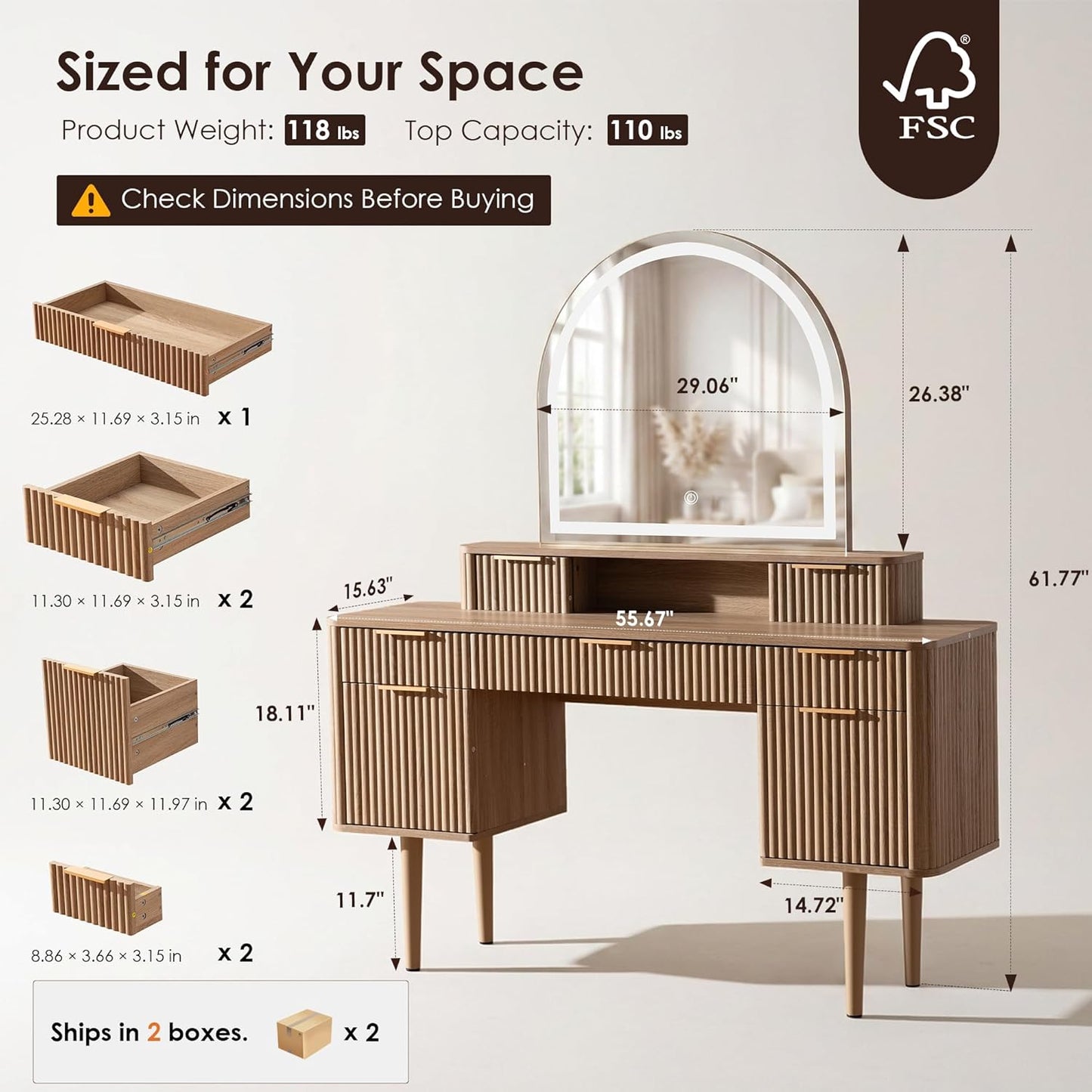 55.7” Large Makeup Vanity Table with 7 Drawers