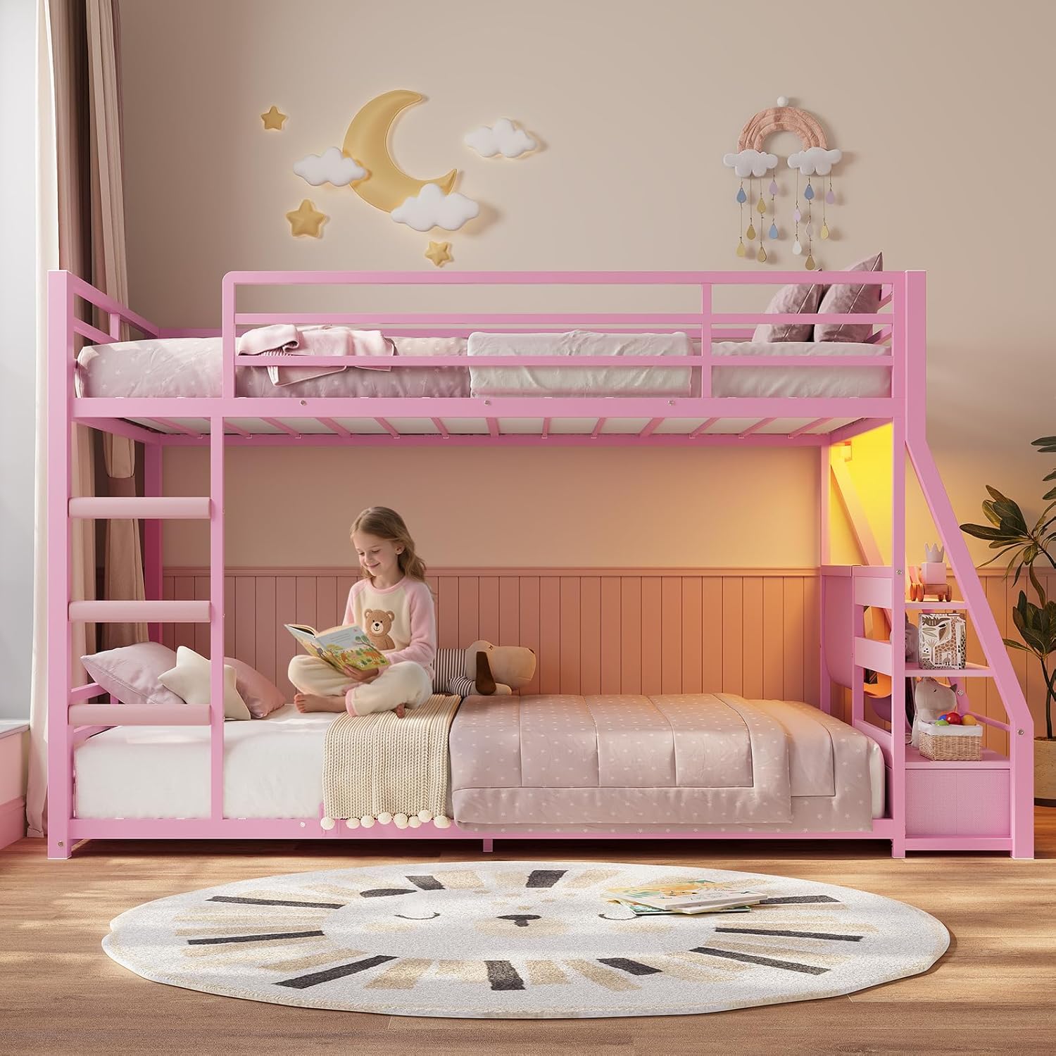 Low Bunk Bed Twin Over Twin with Montessori Bookshelf - Canva Home