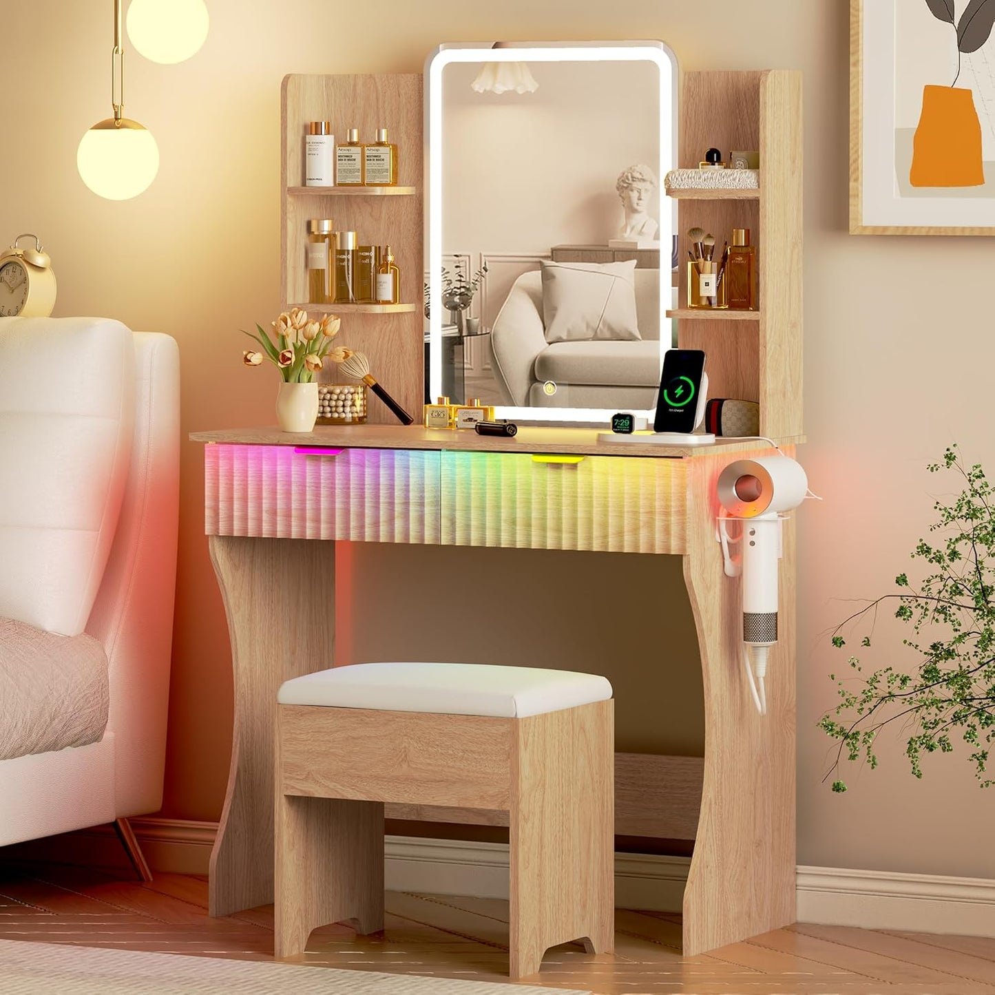 Vanity Desk with LED Lights Mirror - Canva Home