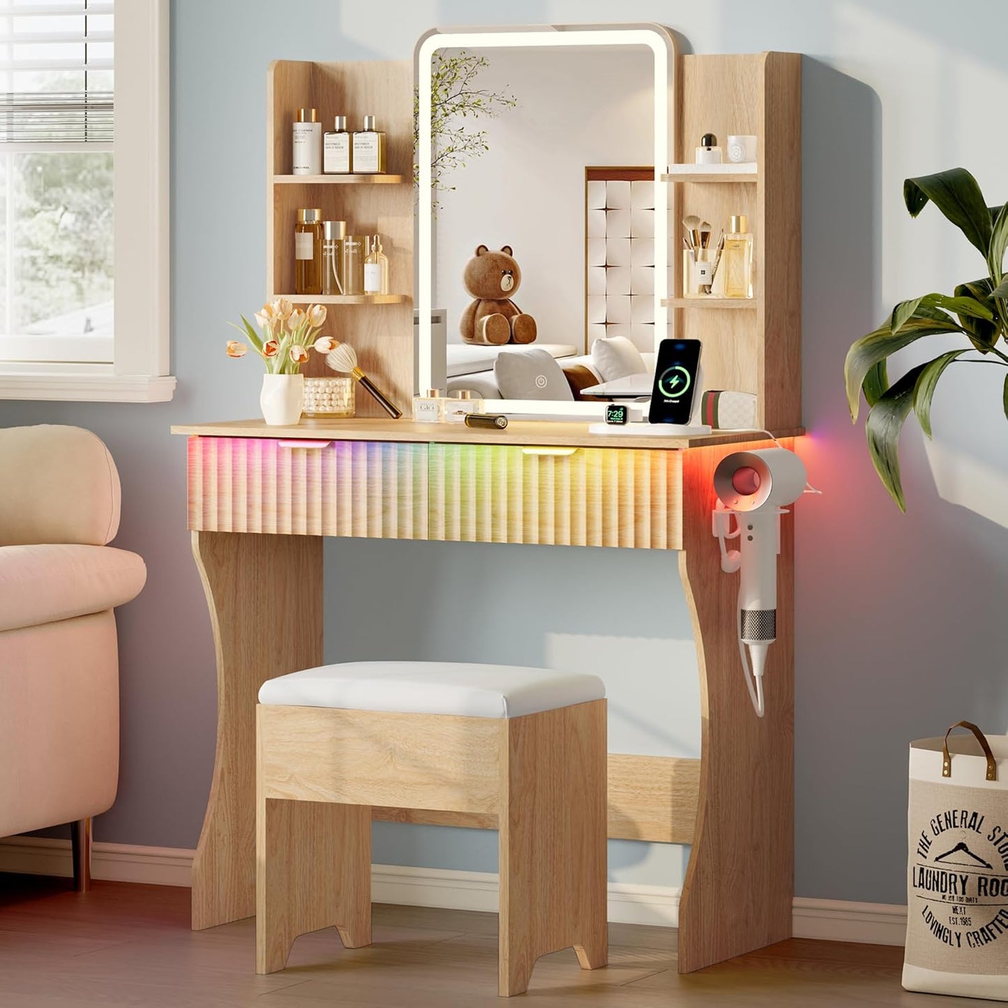Vanity Desk with LED Lights Mirror - Canva Home