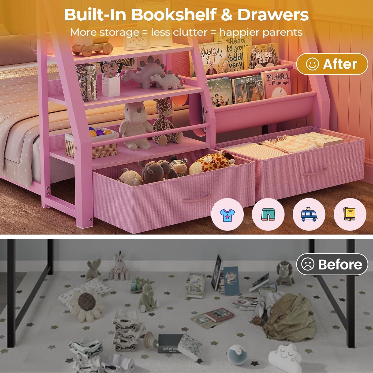 Low Bunk Bed Twin Over Twin with Montessori Bookshelf - Canva Home