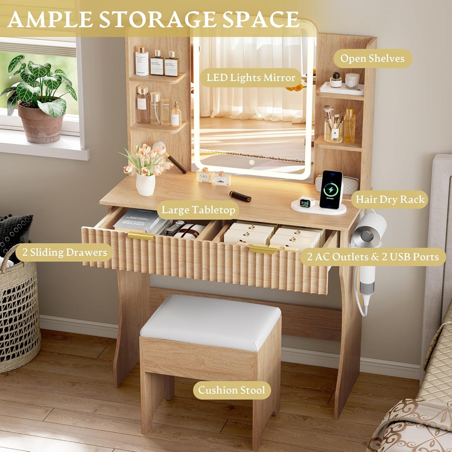 Vanity Desk with LED Lights Mirror - Canva Home