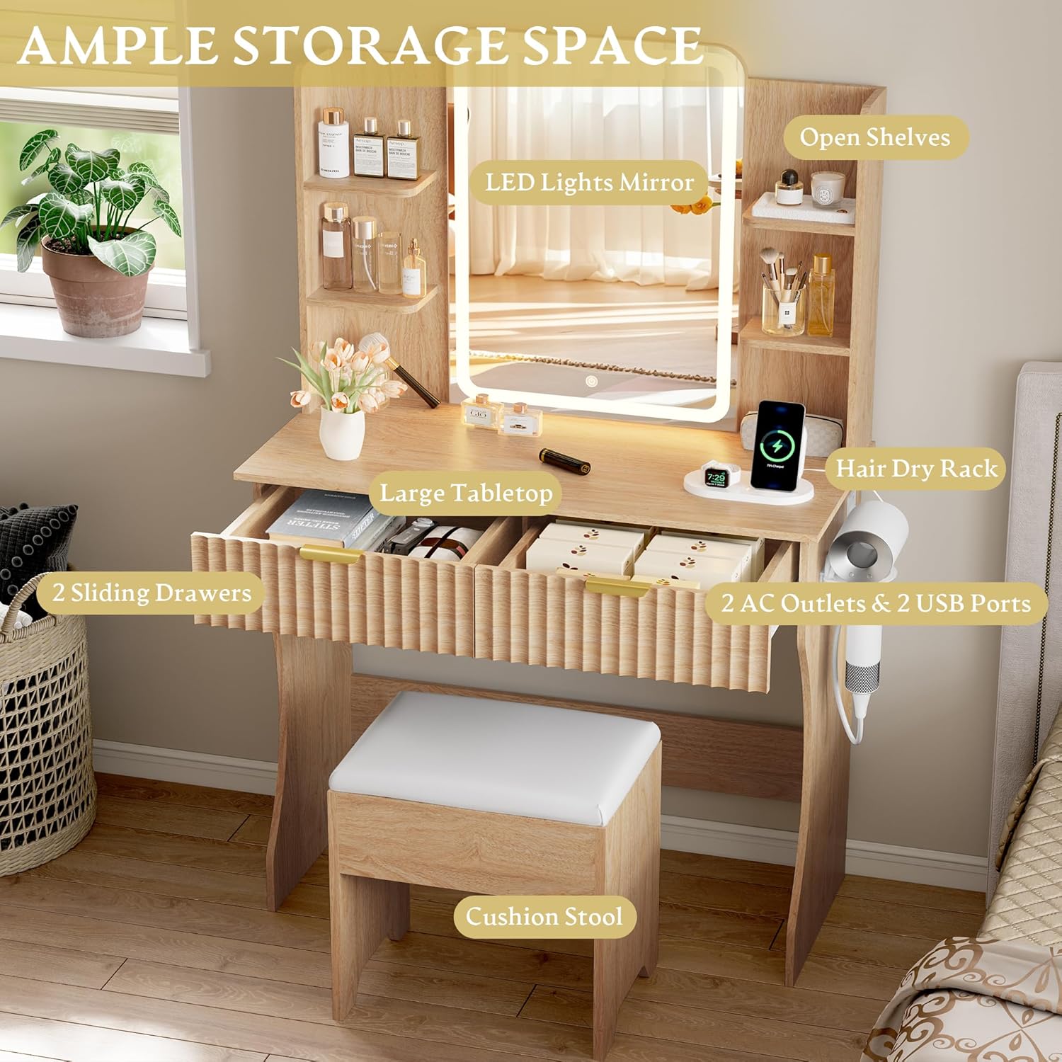Vanity Desk with LED Lights Mirror - Canva Home