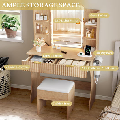 Vanity Desk with LED Lights Mirror - Canva Home