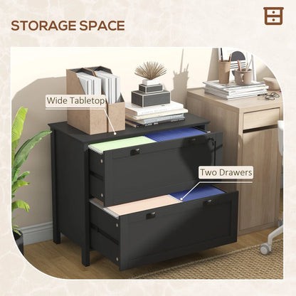 Baird 2-drawer lateral file cabinet in black with printer-ready top in a home office