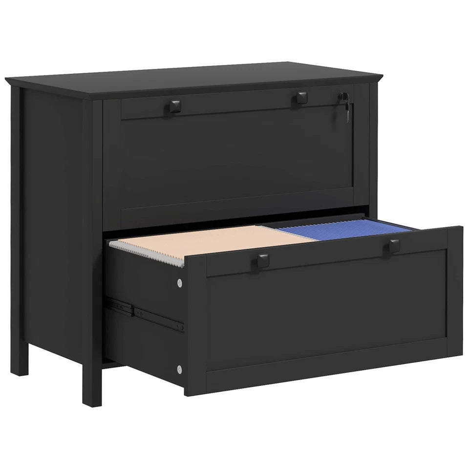 Black Baird 2-drawer lateral file cabinet with bottom drawer open