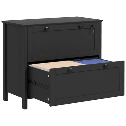 Black Baird 2-drawer lateral file cabinet with bottom drawer open