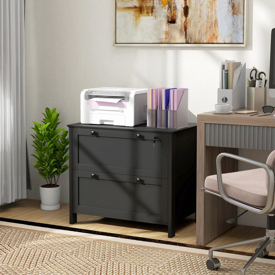 Black Baird lateral file cabinet holding a printer beside a desk