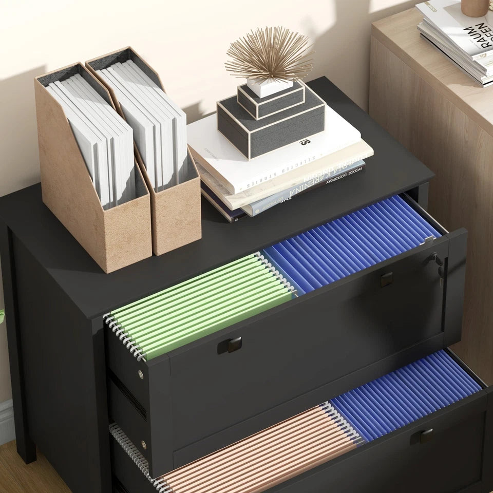 Black Baird lateral file cabinet with open drawers full of hanging files