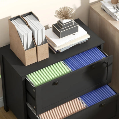 Black Baird lateral file cabinet with open drawers full of hanging files