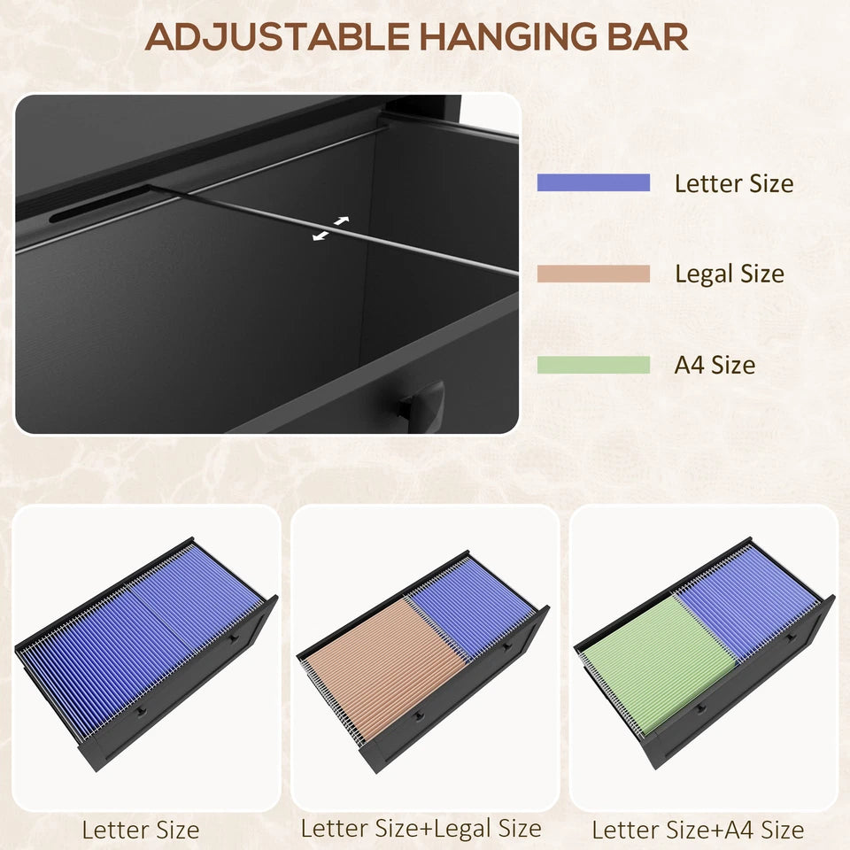 Adjustable hanging bar in Baird file drawer fits letter, legal and A4 folders