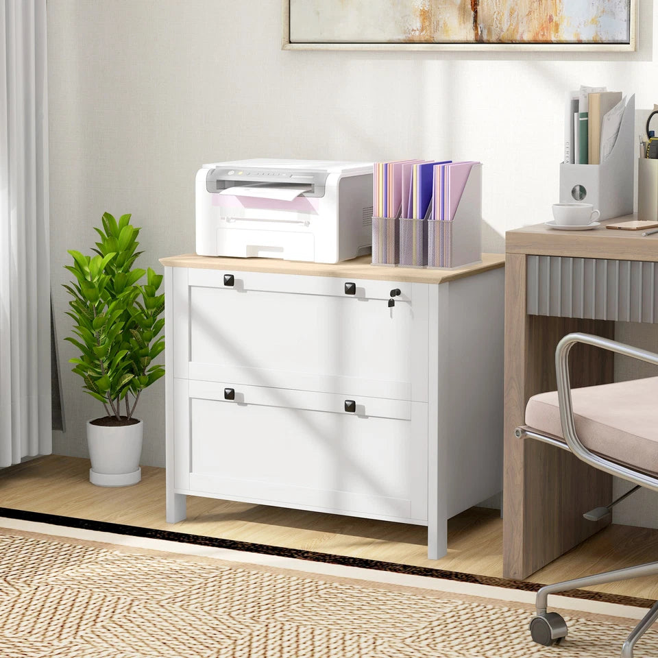 White Baird lateral file cabinet with oak-look top holding a printer beside a desk