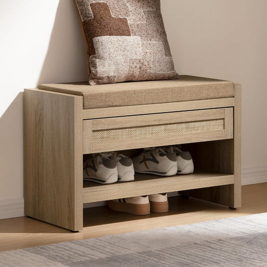 Briar 31" Rattan Shoe Storage Bench with Drawer & Linen Cushion, Light Oak