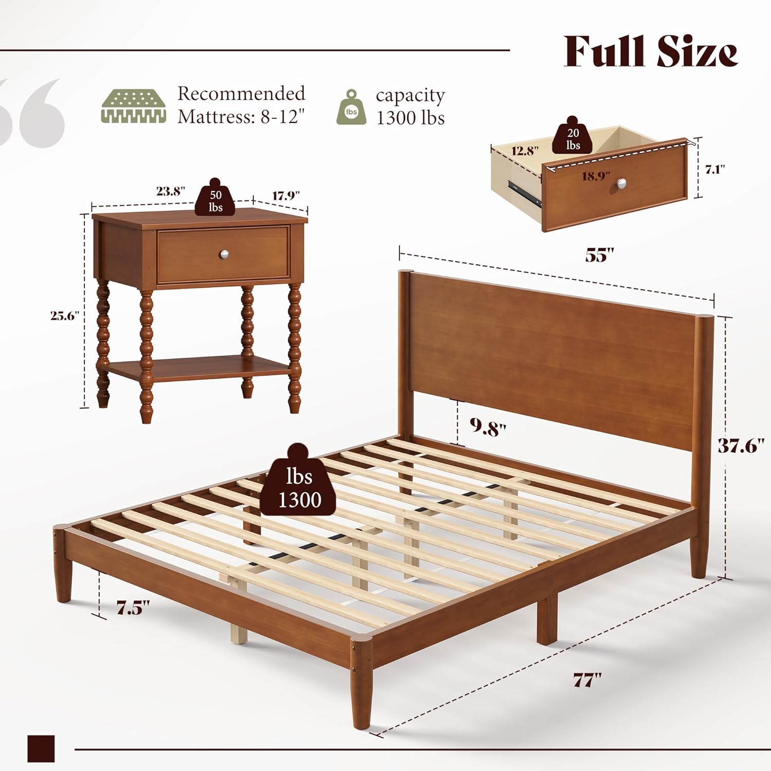 3 Piece Bedroom Set Includes Solid Wood Full Platform Bed Frame with Headboard and 2 Nightstands - Canva Home