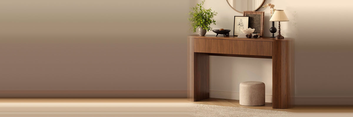 Fluted walnut console table styled for fall hosting