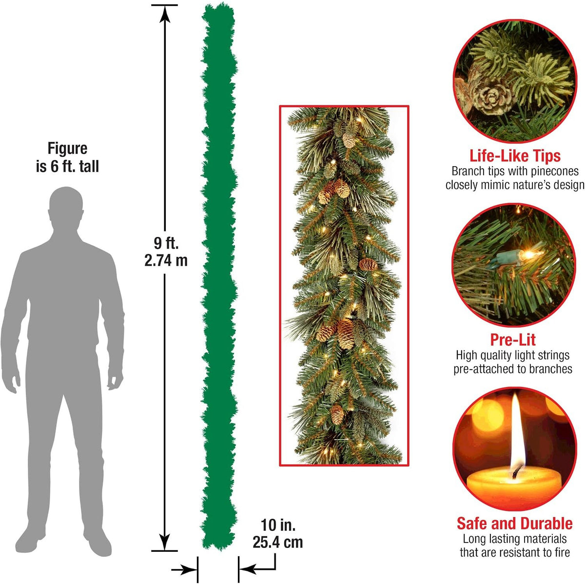 9 ft Pre-Lit Christmas Garland with 100 Clear Lights, Carolina Pine Garland with Pine Cones for Mantel & Doorway – Felicity